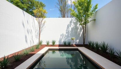 Serene Outdoor Pool Surrounded by Lush Greenery and White Walls