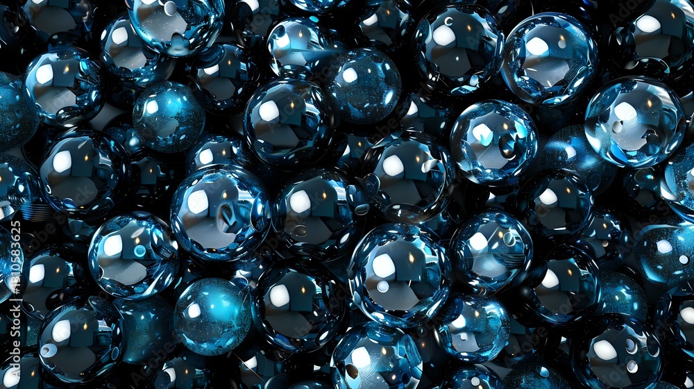 Poster glowing blue spheres with reflective surfaces create abstract pattern background. metallic orbs with