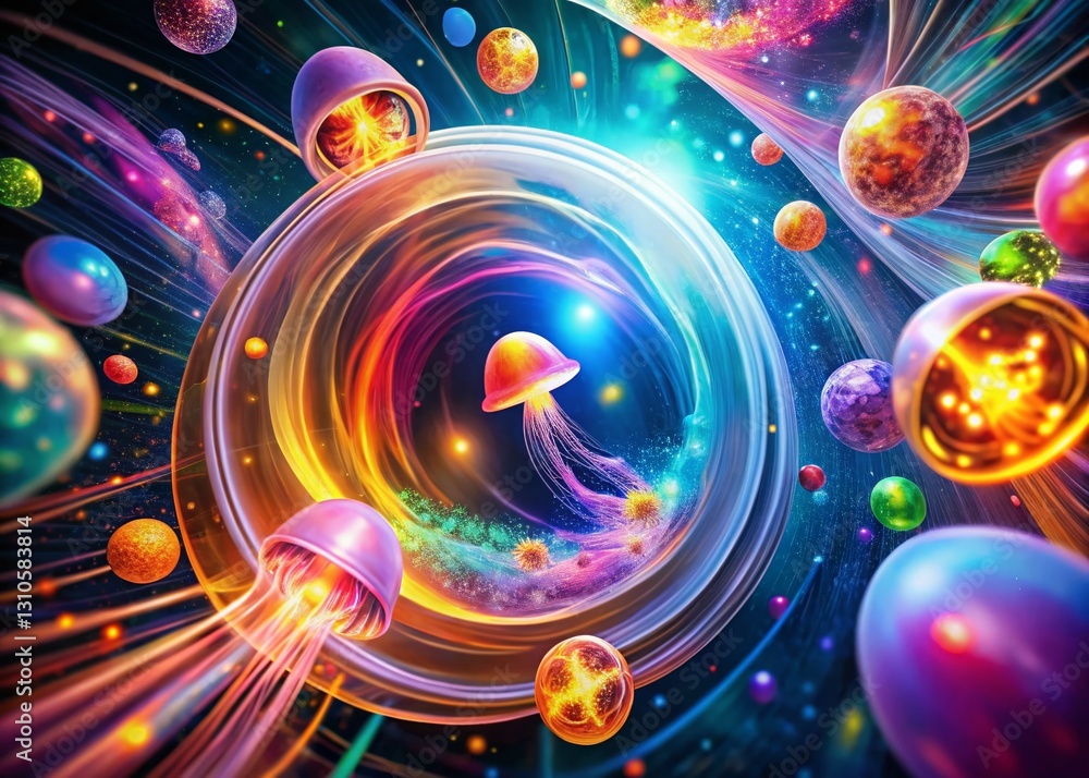 Poster luminous swirling abstract background with glowing circles, sparkling particles, and glossy jellyfis