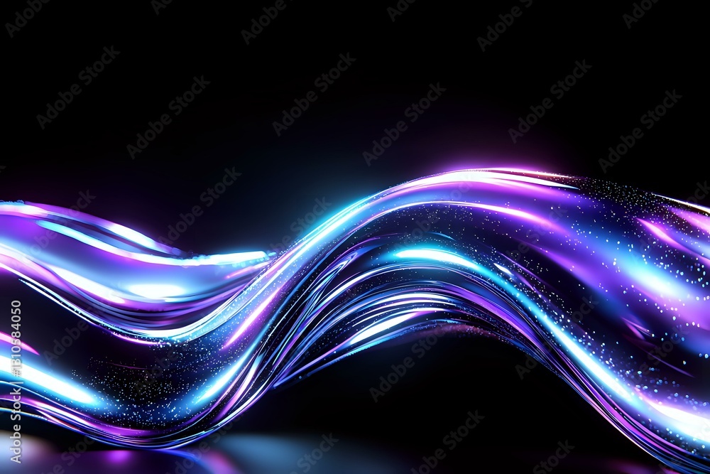 Poster glowing neon waves with purple and blue light trails on black background create dynamic motion effec