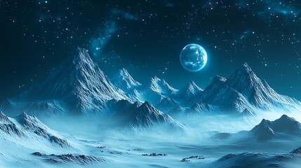 Celestial splendor of a moon-kissed mountain vista, where luminescent moonbeams delicately caress majestic summits and serene valleys