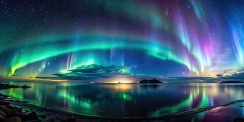 Aurora Borealis Display in Midnight Sky Over Ocean, natural wonder