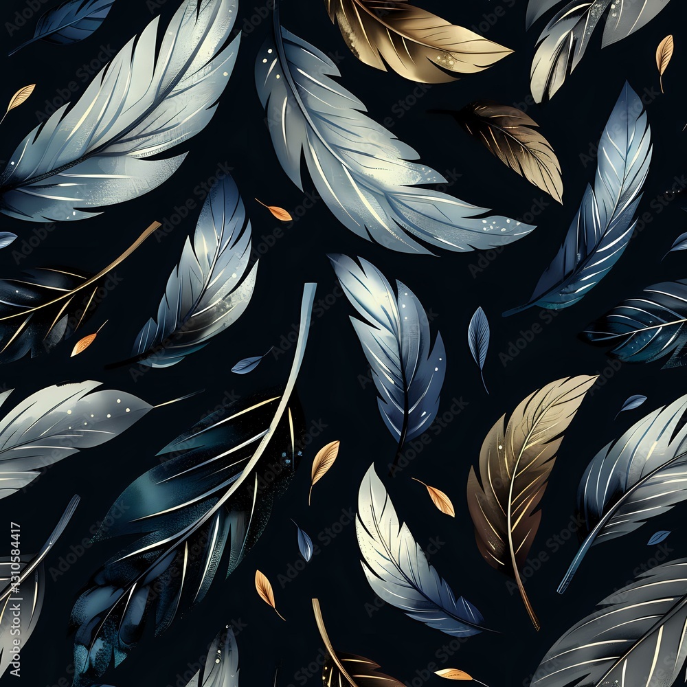 Poster elegant floating feathers in blue, white and gold tones on dark background create seamless pattern. 