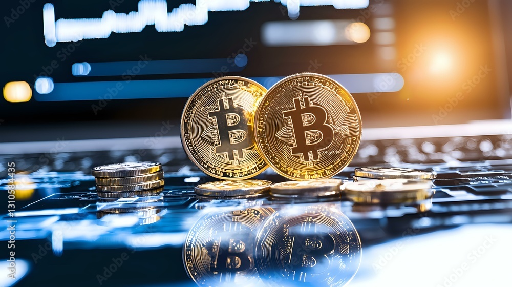 Aufkleber golden cryptocurrency coins on computer keyboard with reflection and blurred trading chart backgroun