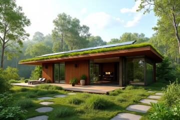 Modern Eco-Friendly House with Green Roof and Solar Panels in Lush Landscaping