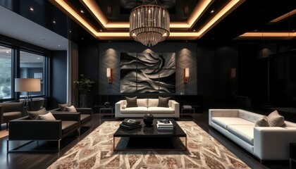 Luxurious Modern Living Room with Elegant Decor and Unique Lighting