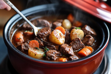 a pot of rich, red-brown beef stew with large meat cubes, carrots,