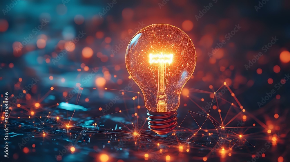 Poster glowing light bulb on digital network background with orange and blue bokeh particles, symbolizing i