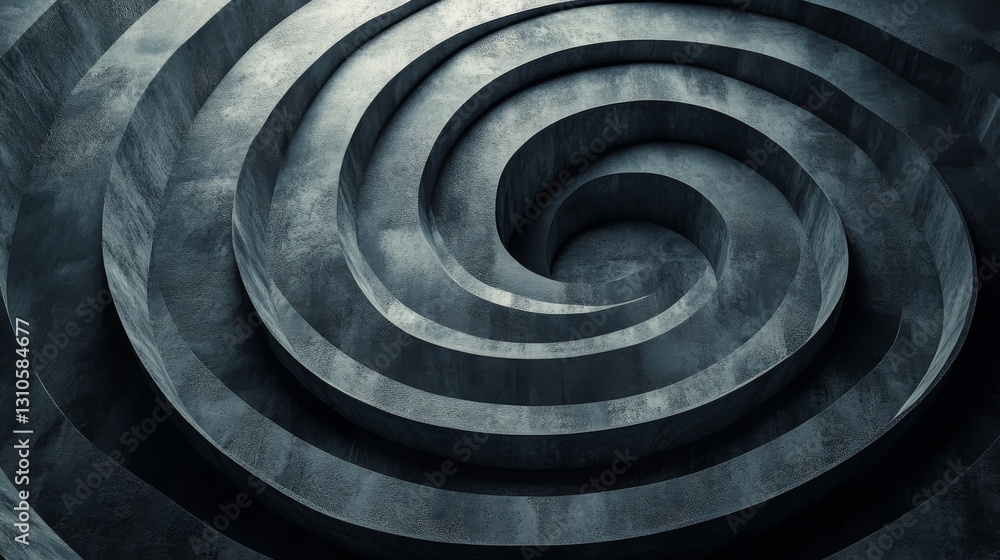 Poster a spiraling architectural structure with concentric circular concrete elements