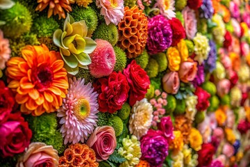 Lush Floral Wall Texture: Close-up of Vibrant Flower Petals and Leaves
