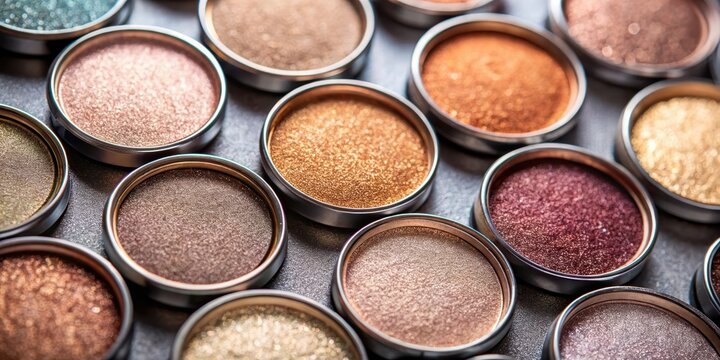 Shimmering metallic eyeshadows in soft diffused lighting, with matte neutrals scattered around, creating a cohesive palette on a sleek surface, neutral tones, soft diffused lighting