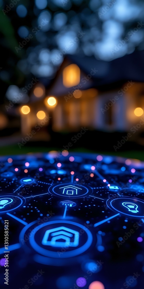 Aufkleber smart home automation interface with glowing blue icons and connected network against blurred reside