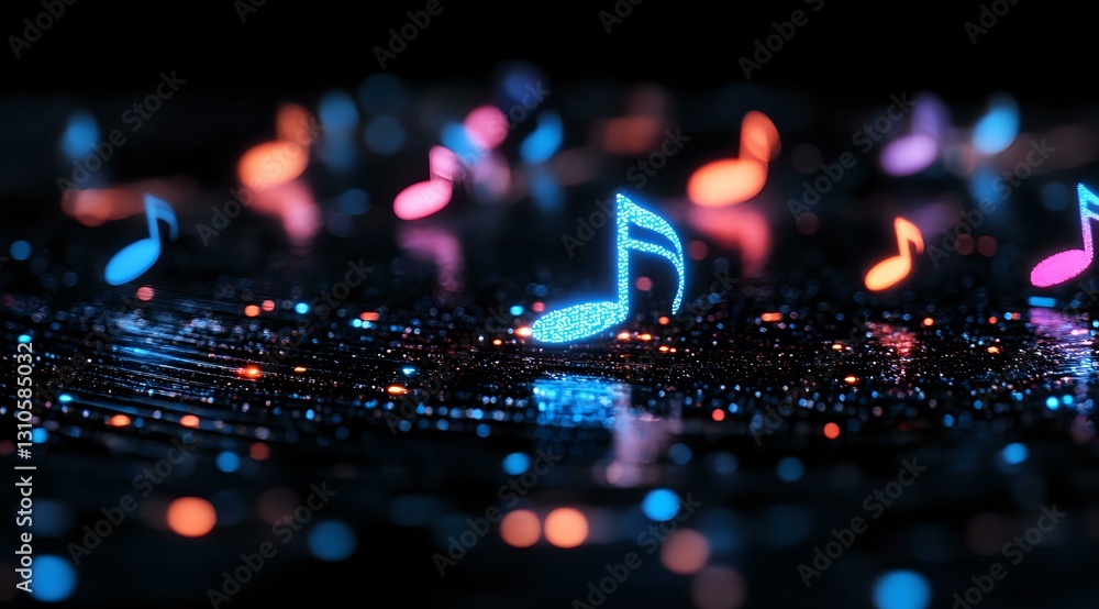 Poster glowing musical notes floating in dark space with blue and pink neon lights, creating magical atmosp