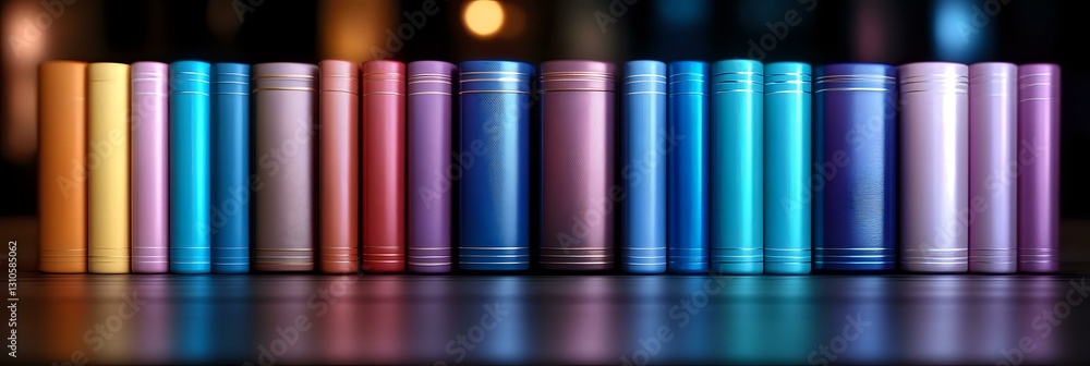 Poster colorful book spines arranged in row creating rainbow gradient effect against dark background with s