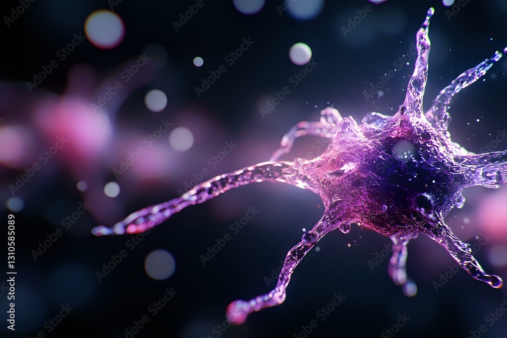 Poster purple neuron with dendrites and axons glowing against dark background, water splash effect creating