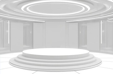 Obraz premium Modern White Showcase Studio with Circular Platform and Ambient Lighting