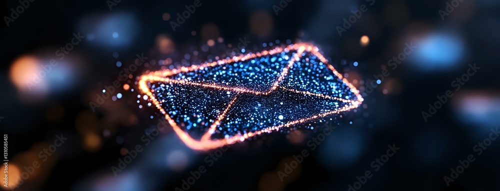 Poster glowing digital envelope icon with sparkles and particles floating in dark space, modern communicati