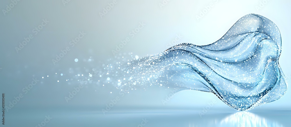 Poster flowing water splash frozen in motion creates dynamic wave shape with sparkling droplets against lig