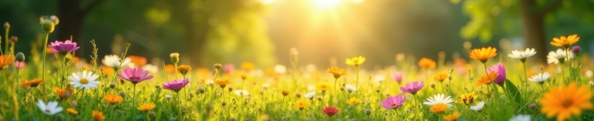 Sunlit meadow awash with colorful wildflowers , background, idyllic