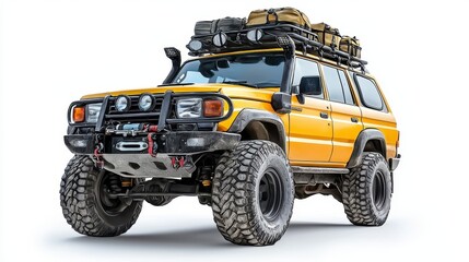 Yellow off-road vehicle with roof rack perfect for adventure isolated on white background in realistic style