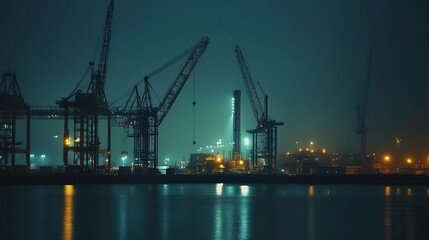 Obraz premium Industrial Crane Operations at Night in Large Construction Zone