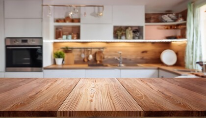 Wood Table Top Against a Blurred Kitchen Backdrop at Dusk Rustic Beauty and Warm Tones in a Cozy Scene with a Touch of Sophistication
