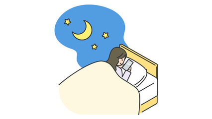 睡眠：ベッドの中でスマホをいじって夜更かしする女性