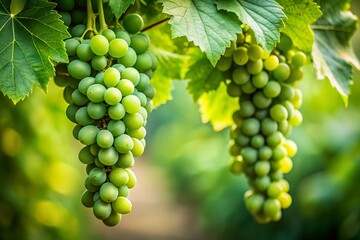 Obraz premium Lush Green Grapes Hanging from Vine, Tilt-Shift Photography, Gray Background