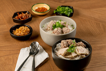 Delicious meatball soup asian cuisine food photography rustic setting overhead view culinary delight