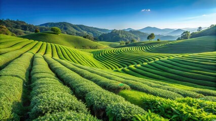 Green tea plantation with neatly trimmed bushes under clear blue sky on rolling hills, green tea plantation, agriculture field