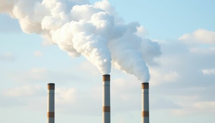 Industrial Smoke Stacks Emitting White Clouds Against Blue Sky