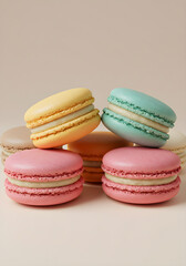 Obraz premium Colorful assortment of macarons with pastel hues and creamy filling