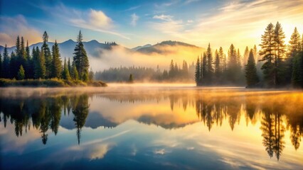 Obraz premium A serene mountain lake at sunrise with misty fog and trees reflected on the water, reflection, adventure, reflection, adventure