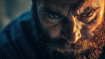 Obraz premium Intense close-up of a man with a beard, deep in thought