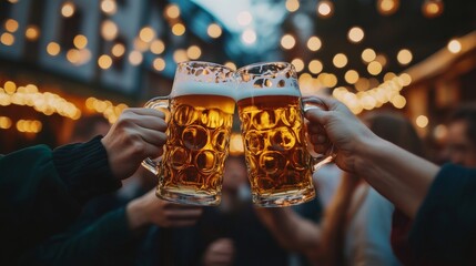 Close-up of people in traditional Bavarian tracht raising beer mugs and toasting at Oktoberfest or dult in beer garden, with festive lights in the background 
