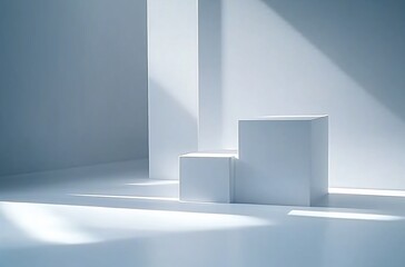 Minimalist White Cubes Casting Soft Shadows in Bright, Serene Atmosphere