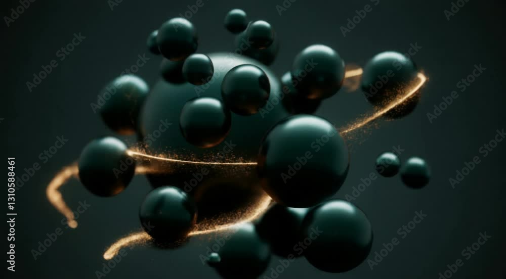 Poster abstract 3d rendering of black spheres with golden particle trails on dark background