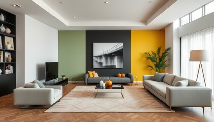 Modern Living Room Interior with Vibrant Color Accents and Art