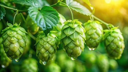 Fototapeta premium Close-up view of fresh green beer hops with dew drops and foliage in a botanical garden setting, garden, outdoor still life