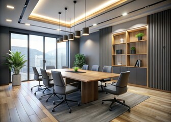 Modern conference room: gray chairs, wooden table, dark walls, glass door. Professional and stylish office space.