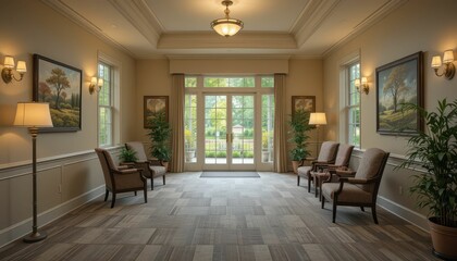 Elegant Lobby Interior with Natural Light and Cozy Seating Areas