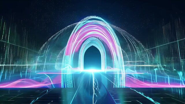 mesmerizing animation depicting advanced digital gateway emitting cascading binary code symbolizing futuristic technology data communication motion graphics