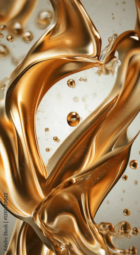 Aufkleber abstract golden liquid splash with dynamic swirling motion and floating bubbles on a light backgroun