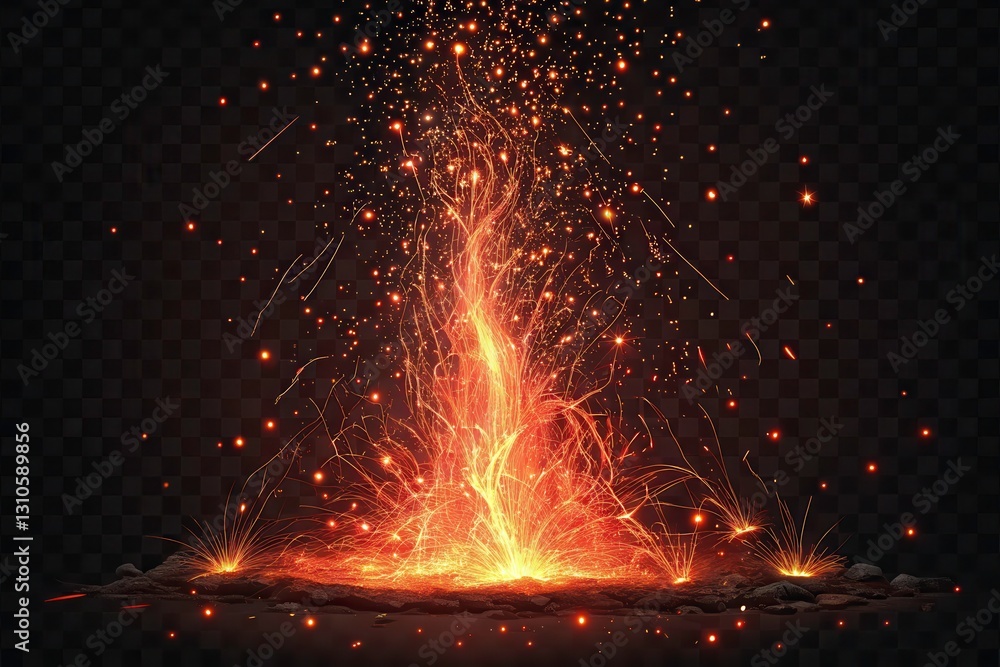 Poster fire sparks rise dramatically in a display of glowing particles against a dark background generative