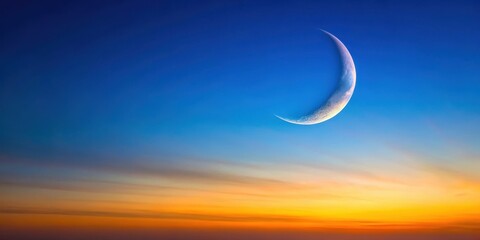 Fototapeta premium Shining crescent moon in a clear blue sky at sunset , sky landscape