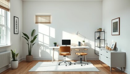 Bright and Airy Home Office Setting with Modern Furniture and Plants
