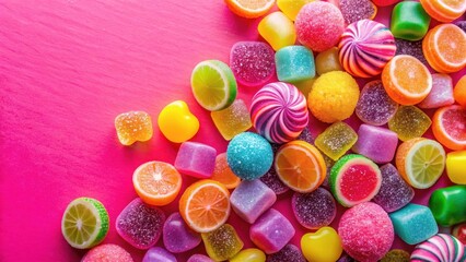 Fototapeta premium Colorful candy and fruit jelly jujube scattered on a bright pink background with a mix of bold and pastel hues, creating a playful and whimsical atmosphere , jelly, vibrant colors
