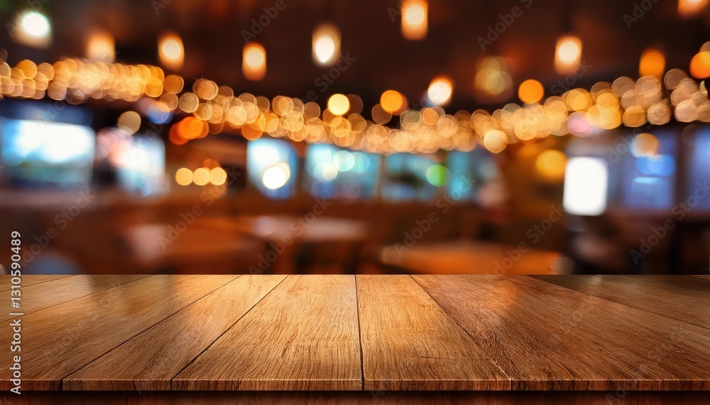 Poster blurred background of restaurantcafe with wooden table and bokeh effect at dusk, evoking a cozy and 