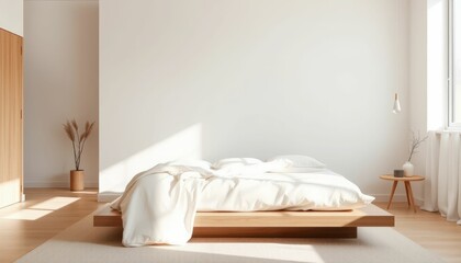 Minimalist Bedroom Design with Wooden Bed and Soft Textiles