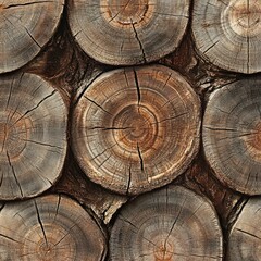 Naklejka premium Close-up of stacked wood slices showing concentric rings and textures.